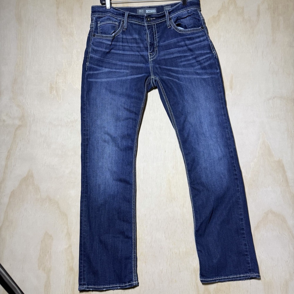 BKE Carter Mens Jeans 33R Bootleg Medium Wash Thick Stitch Western Denim